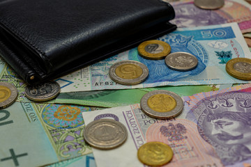 Polish zloty currency money - banknotes, coins and wallet.
