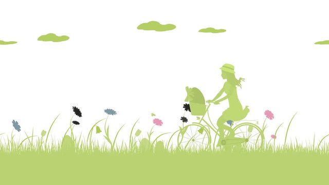 Happy Easter. Field with girl on bicycle, Easter eggs, butterfly and flowers.
