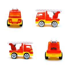 Children's toy fire truck isolated on white background - four-side view.