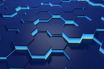 Glowing blue hexagon pattern background. 3D rendering