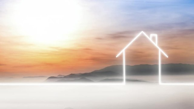 Conceptual home house icon drawing line animation on colorful sunset sky and cloudy hills copy space background. 