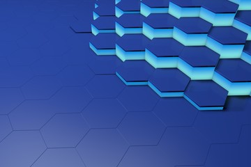 Glowing blue hexagon pattern background. 3D rendering