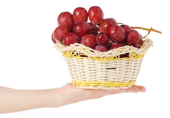 Pink grapes in a basket in hand