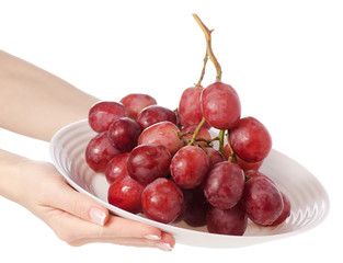 Pink grapes in a plate in hand
