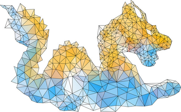 Beautiful mosaic blue and yellow triangular dragon. The imitation of the stained-glass window Vector illustration.
