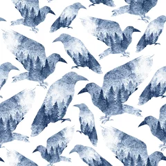 Keuken foto achterwand Bos Gelast patroon van zwart-wit raven met een bos binnen. Vogels in het wild geschilderd met waterverf en geïsoleerd op wit. Achtergrondontwerp voor stof, behang, cadeaupapier, scrapbooking.