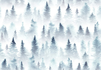 Seamless pattern of watercolor spruce forest in the fog.