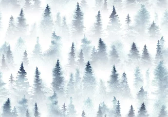 Stickers pour porte Forêt Modèle sans couture de forêt d& 39 épinettes à l& 39 aquarelle dans le brouillard.