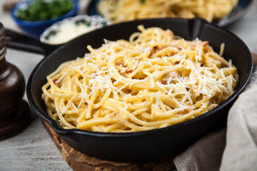 Spaghetti carbonara with egg and pancetta