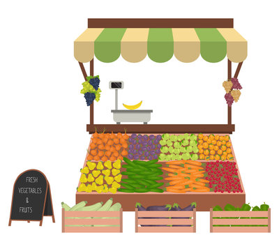 Tray with vegetables and fruits on the market. Workplace of the market seller. There is scales and goods: cucumbers, onions, carrots, eggplant, zucchini, apples, plums, grapes in the image. Vector