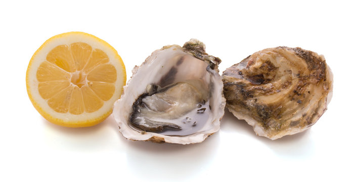 An open oyster and a closed oyster with lemon
