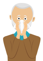 Senior man sneezing into handkerchief. Elderly man having flu