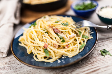 Spaghetti carbonara with egg and pancetta