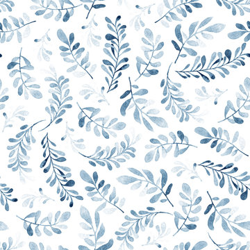 Fototapeta Watercolor seamless pattern of blue branches isolated on white background. Winter mood. Floral background for fabric, wallpapers, gift wrapping paper, scrapbooking.