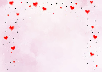 Herzregen - rote und schwarze Herzchen auf rotrosa Aquarellfond 