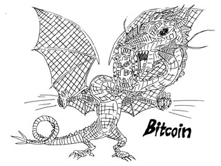 sketch dragon with a coin of crypto currency in the teeth
