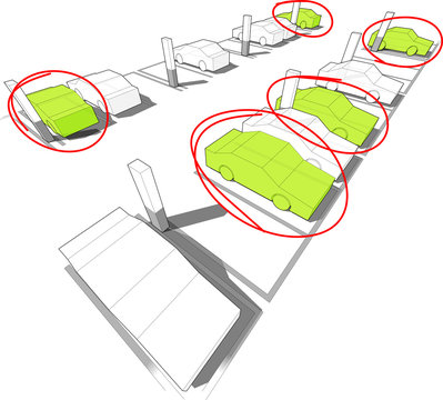 green electrocars hand drawn highlighted with red pen parking in underground parking garage or car park among normal white cars