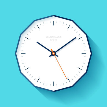 Polyhedron Clock in flat style, watch on blue background. Business icon for you presentation. Vector design object