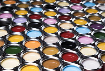 Collection of colored paints cans