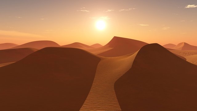 Sunrise in the sandy desert,
