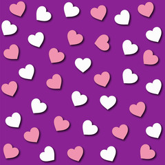 Abstract seamless pattern with blue and pink hearts on a violet background. Tile. Great for a valentine`s Day design and decoration, wrapping package