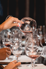 woman holds glass of red wine. people consider the color of the wine and try how it smells in different glasses