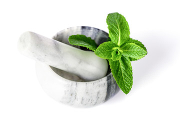 the branch of fresh mint lies in a marble mortar on a white background