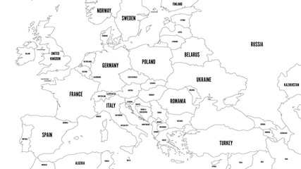 Outline map of Europe with Caucasian region. Simplified wireframe map of black lined borders. Vector illustration. © pyty