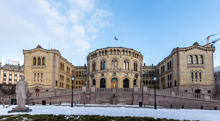 Fototapeta premium Oslo, Norway - march 16, 2018: Exterior of the Parliament of Norway in Oslo, Norway. panorama
