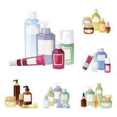 Bottles of cosmetic cosmetology lotion makeup beauty plastic liquid cream container fluid pack vector illustration.