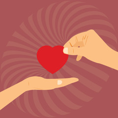 A hand gives a red heart to a hand - blood donation,world blood donor day