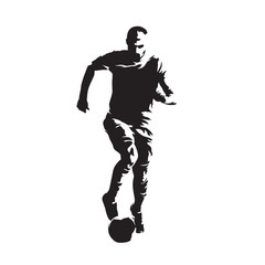 Fototapeta na wymiar Soccer player running with ball, isolated vector silhouette, front view