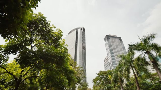 Skyscrapers against the backdrop of palm trees. Shooting in motion. Makati District in Manila. Philippines.