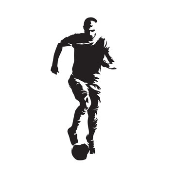 Soccer player running with ball, isolated vector silhouette, front view
