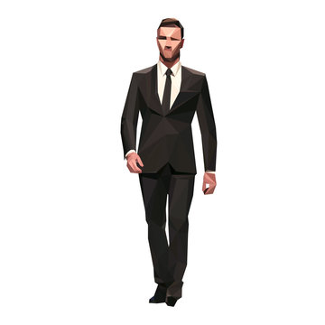 Businessman in dark suit walking forward, isolated polygonal vector illustration. Front view