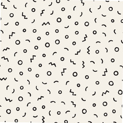 Seamless abstract geometric pattern in retro memphis style. Scatteres shapes vector background.