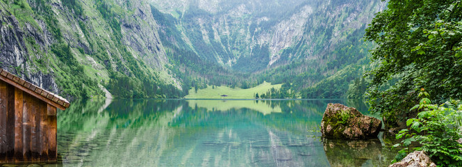 Panorama of mountain lake Obersee in German Alps. Bavaria, Germany.