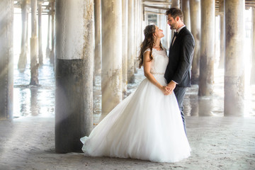 Newlywed couple together in gorgeous artistic portrait, classic traditional style, under pier
