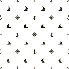 Fototapeta na wymiar Marine seamless pattern with a ship, an anchor and a steering wheel. Vector.