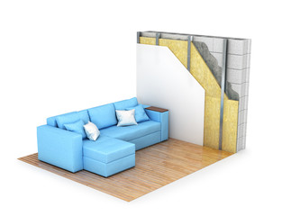 Thermal insulation. Cross-section of the wall, interior with a sofa. 3d rendering