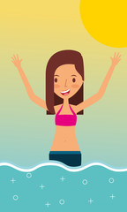 cute woman in swimsuit on sea traveling vacation vector illustration