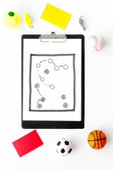 Sport judging concept. Basketball referee. Tactic plan for game, football ball, red and yellow cards, whistle on white background top view copy space