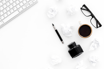 writer office desk with keyboard, ink, pen and glasses white background top view space for text