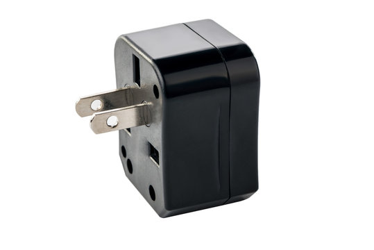 Black adapter for American outlet on white isolated background