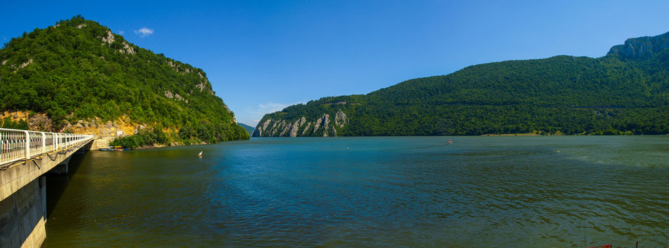 Panoramic view over the Danube river Canyon at Dubova, Mehedinti County, Romania
