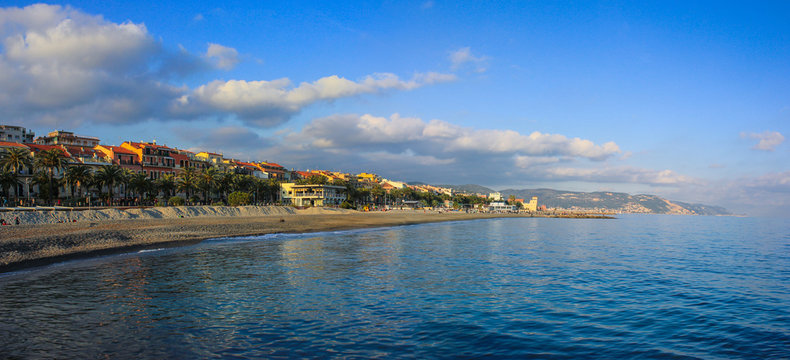 The beach and the promenade of Loano resort in Liguria, Italy