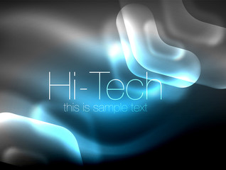 Blurred arrows in dark space. Neon pointers, glass glossy design, abstract shiny techno background, web banner