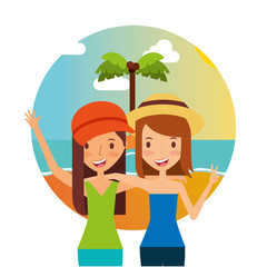 happy women hugging in the beach summer vacations vector illustration