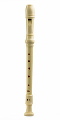 Soprano (Descant) recorder. Plastic recorder flute isolated on white background with copy space for...