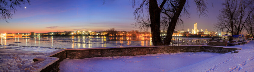 Night scene from Rensselaer NY looking to Albany in winter over the Hudson River